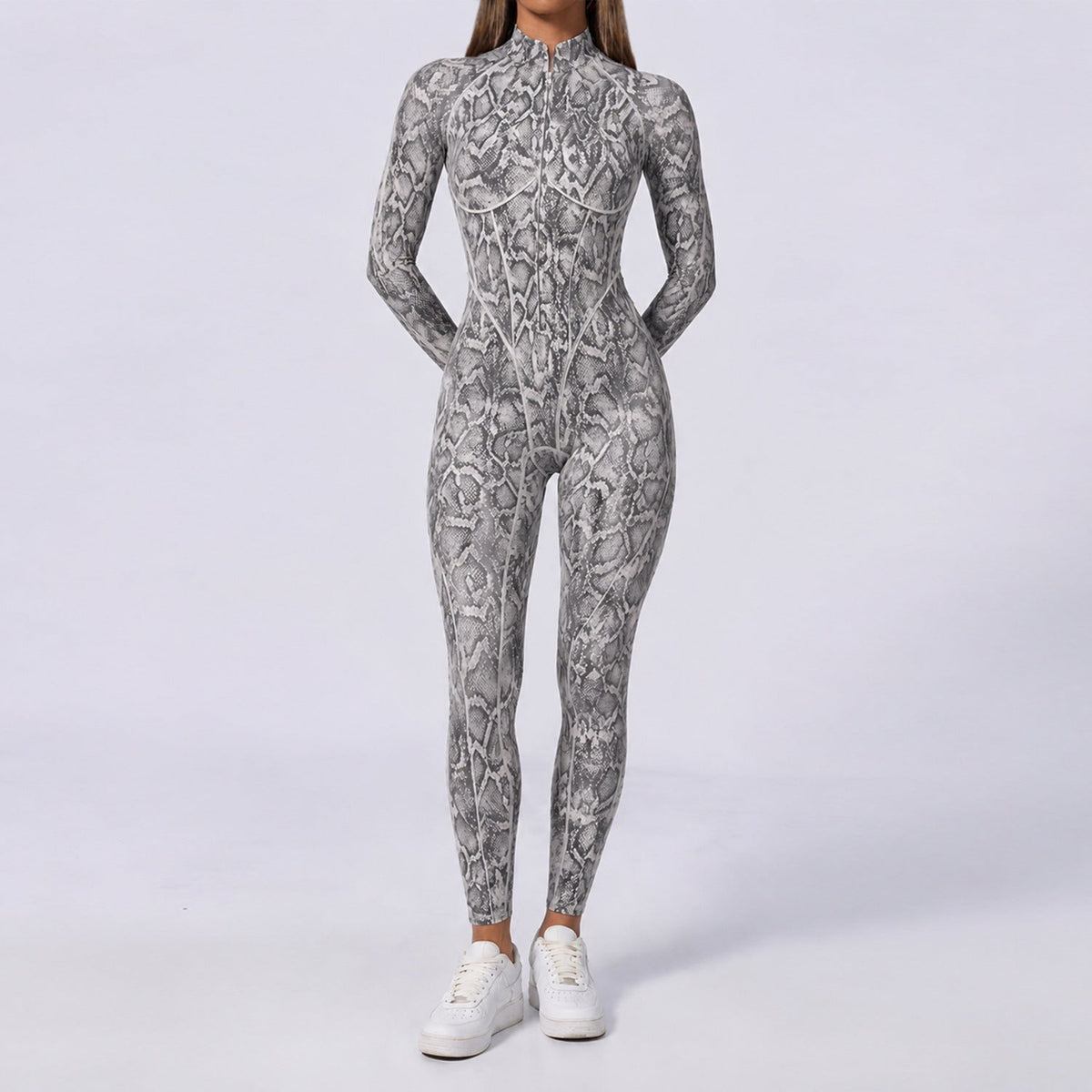 Trendy Leopard-Print Half-Zip Stand-Neck Long-Sleeve Womens Jumpsuit