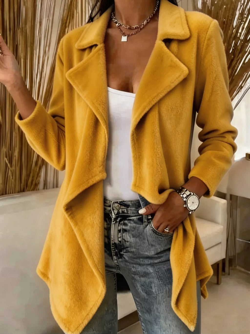 Full Size Fleece Waterfall Collar Outerwear Plus Size