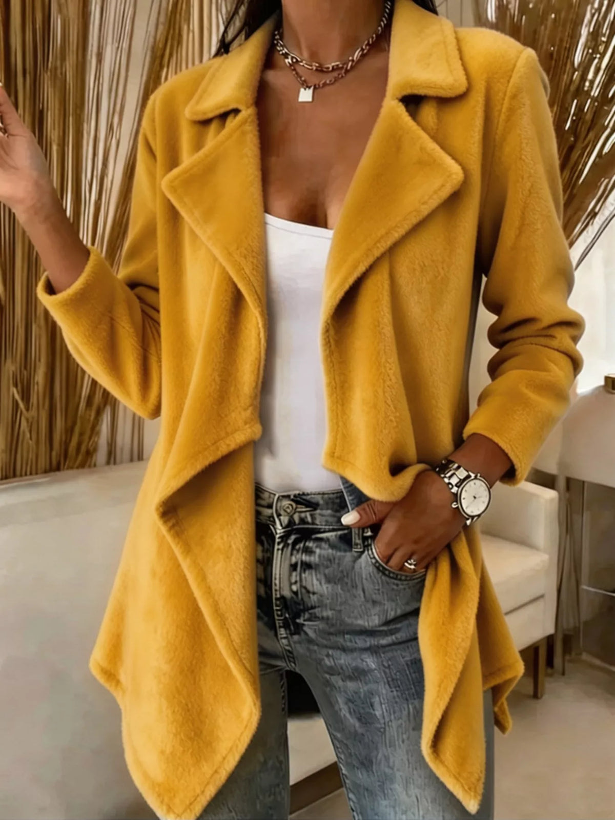 Full Size Fleece Waterfall Collar Outerwear Plus Size
