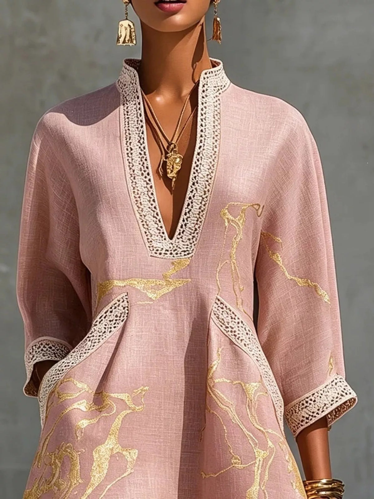 Notched 3/4 Sleeve Mini Dress
