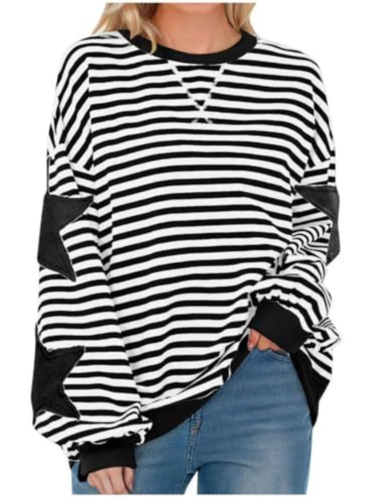 Full Size Star Patch Striped Oversized Sweatshirt Plus Size