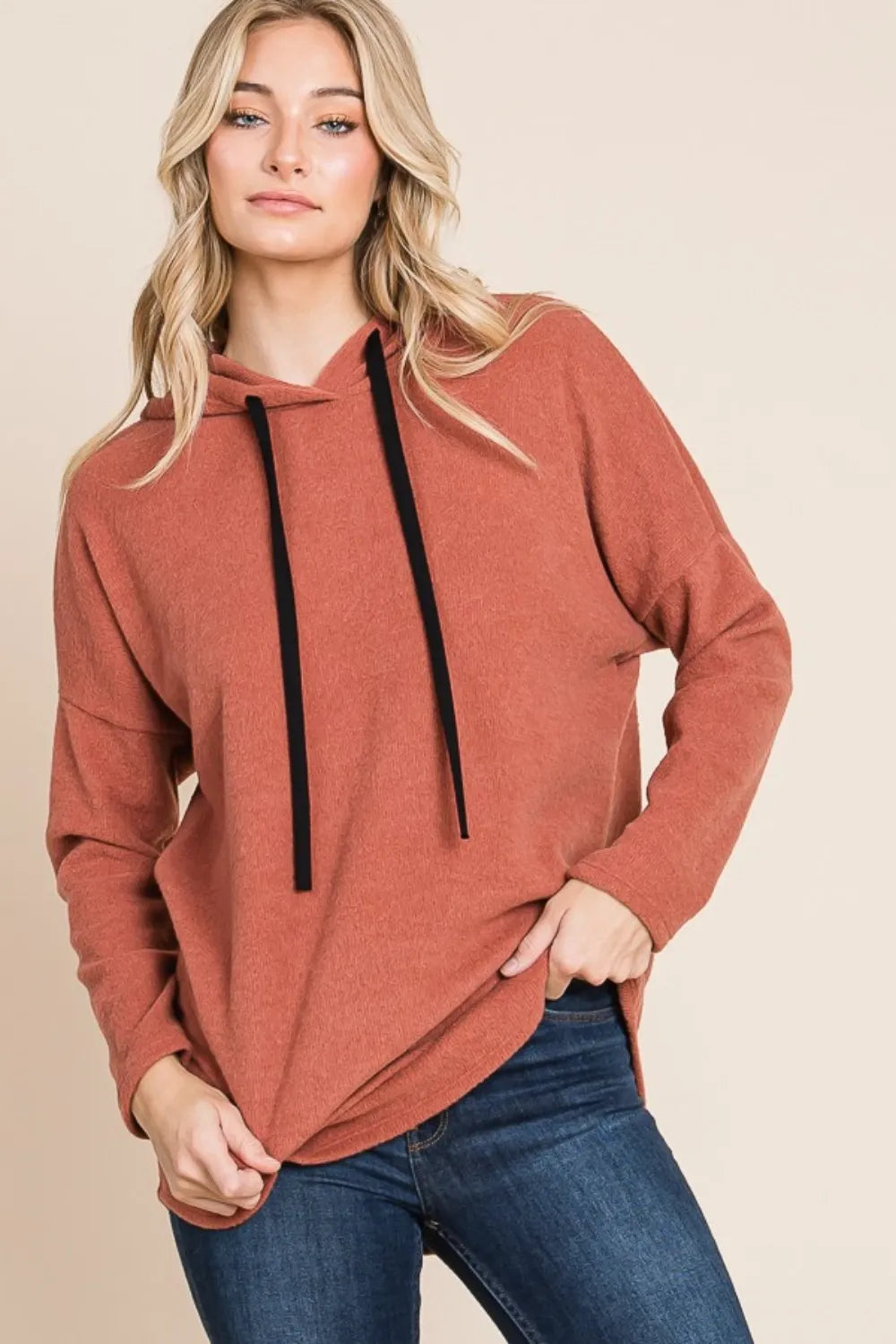 Brushed Knit Hoodie with Drawstring Hood and Dropped Shoulders