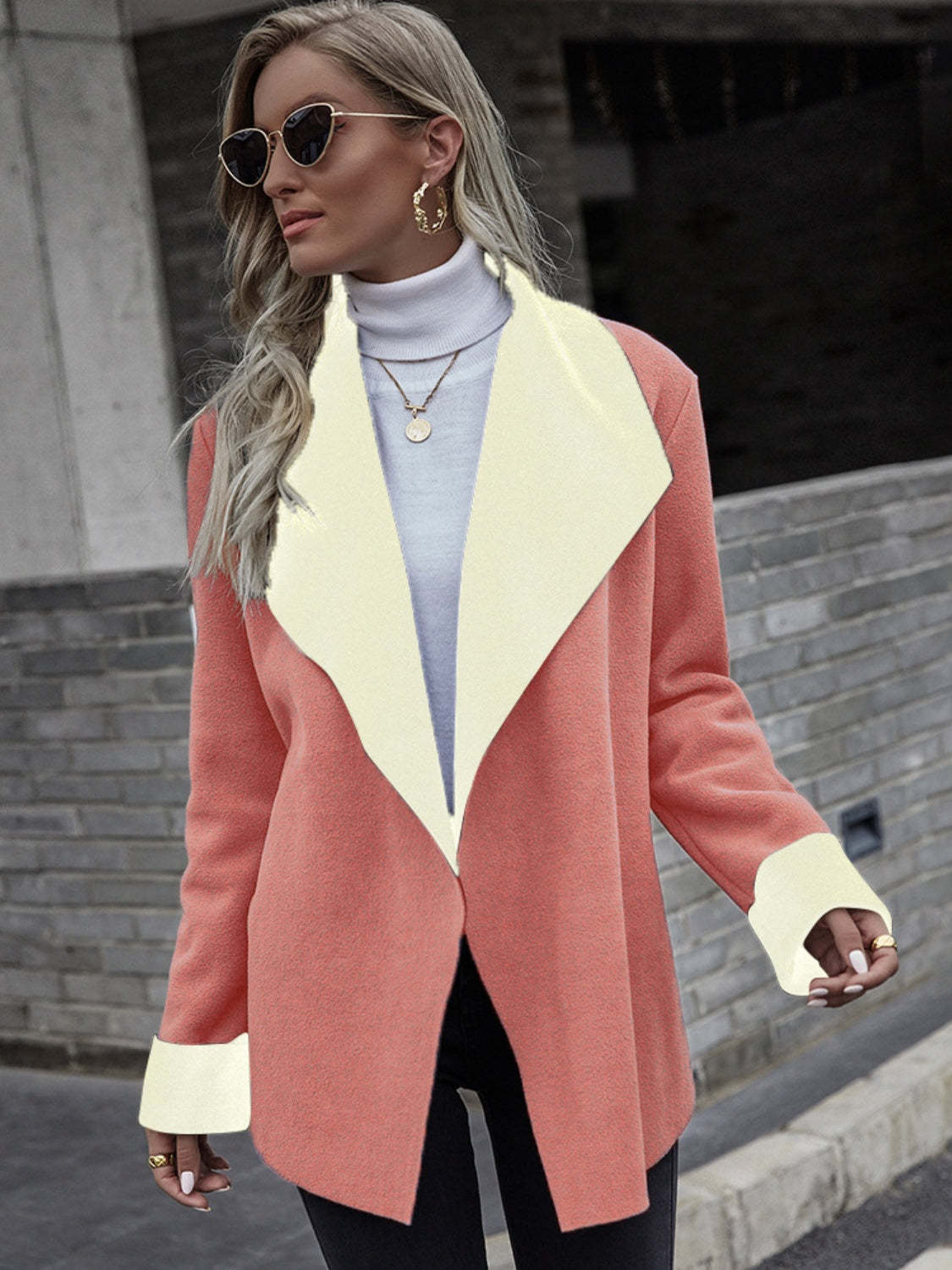 Notch-lapel Contrast-color Long-sleeve Wool Blazer
