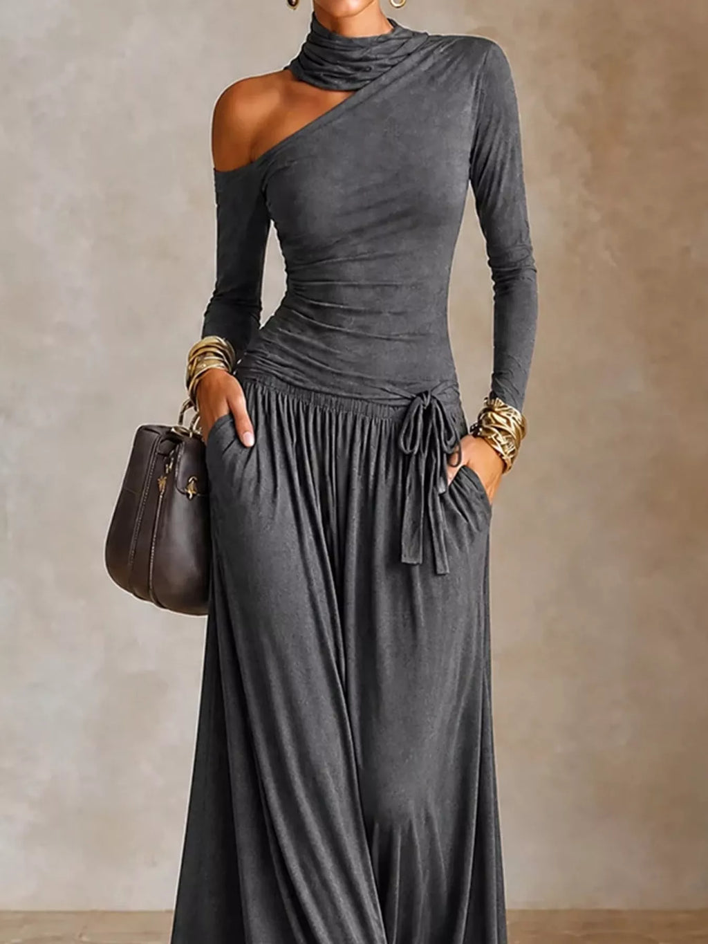 Asymmetric Cutout Long Sleeve Maxi Dress