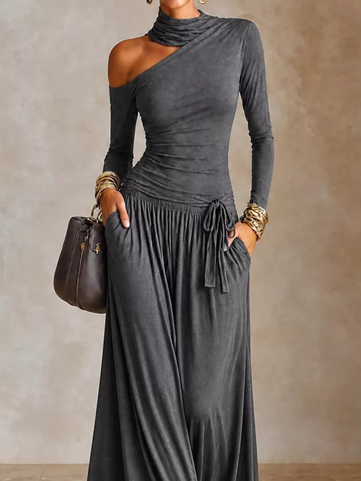 Asymmetric Cutout Long Sleeve Maxi Dress