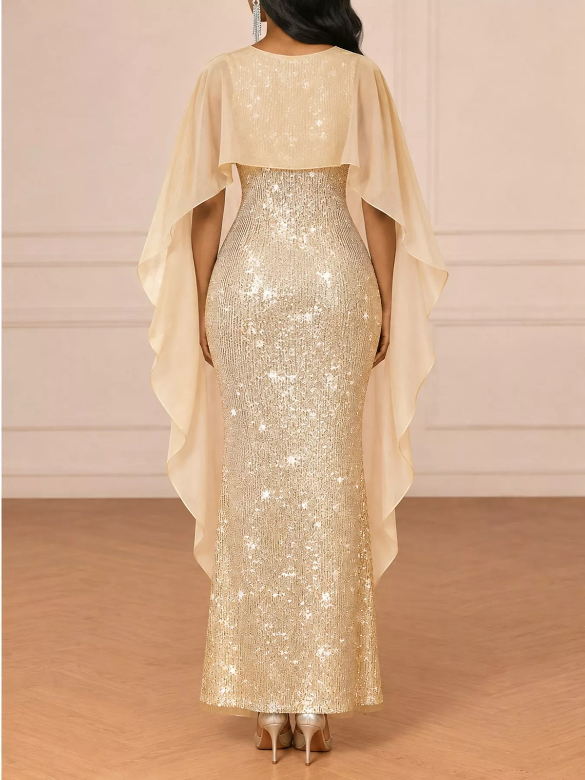 Sequin Cape Overlay Evening Dress