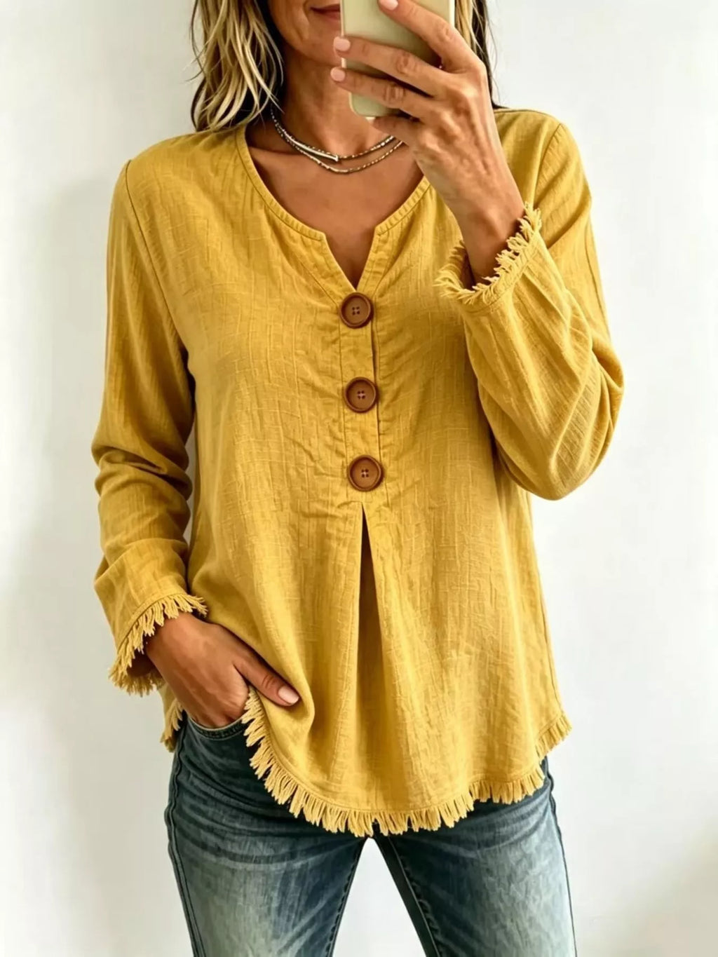 Full Size Casual Half-Button Blouse with Frayed Hem Detail Plus Size