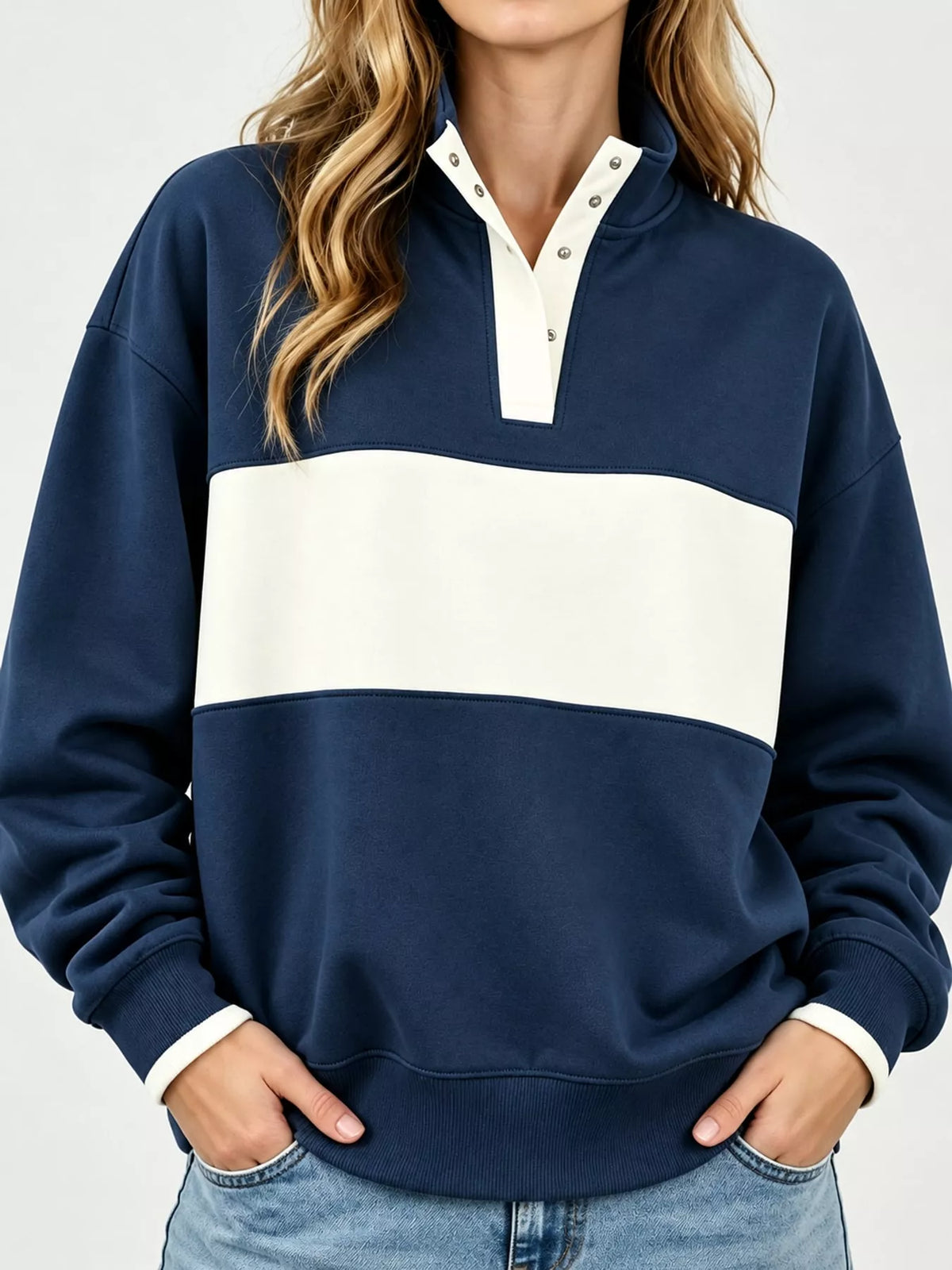 Full Size Color Block Snap-Button Sweatshirt Plus Size