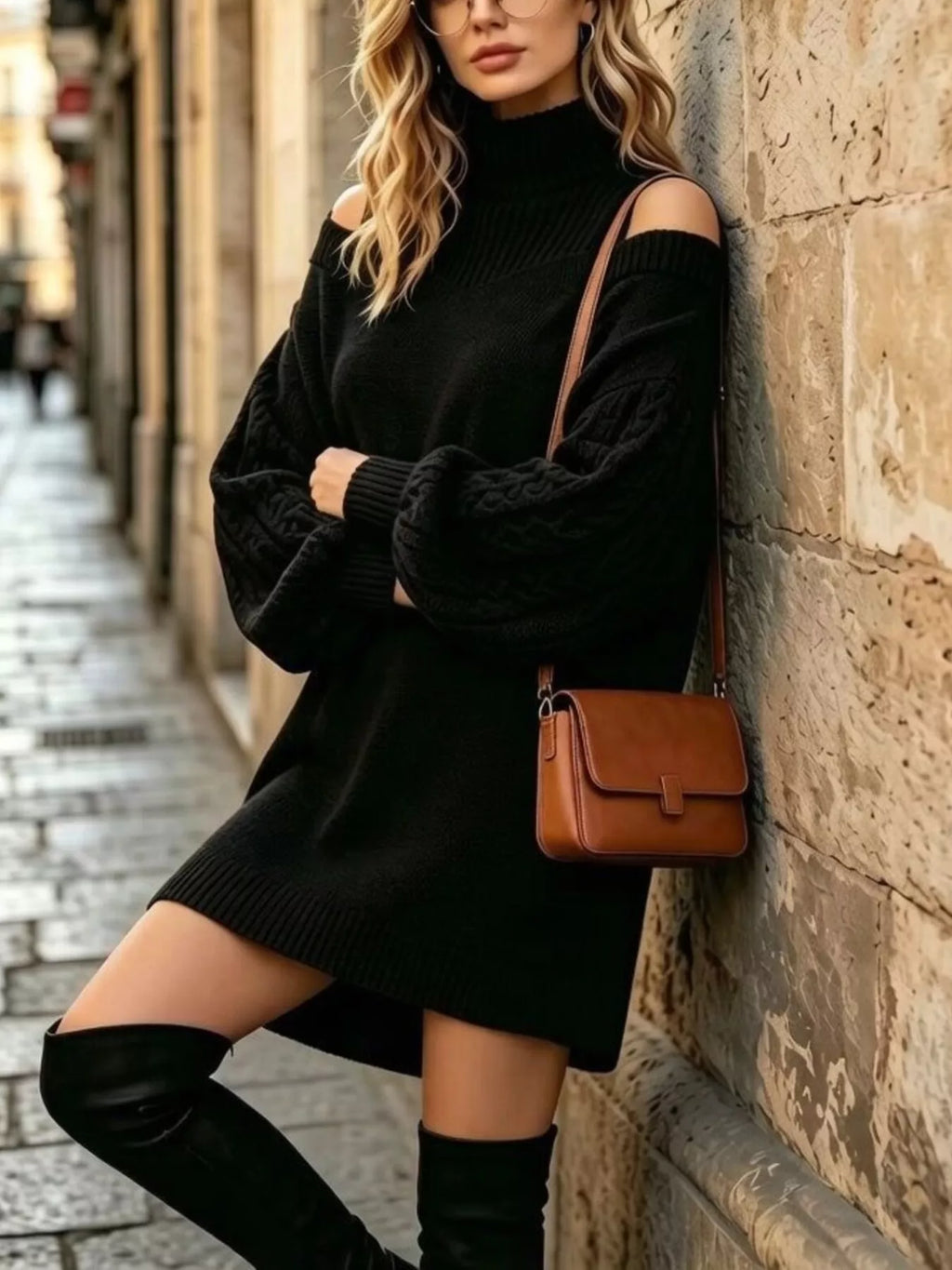 Full Size Cold-Shoulder Cable Knit Turtleneck Oversize Sweater Plus Size