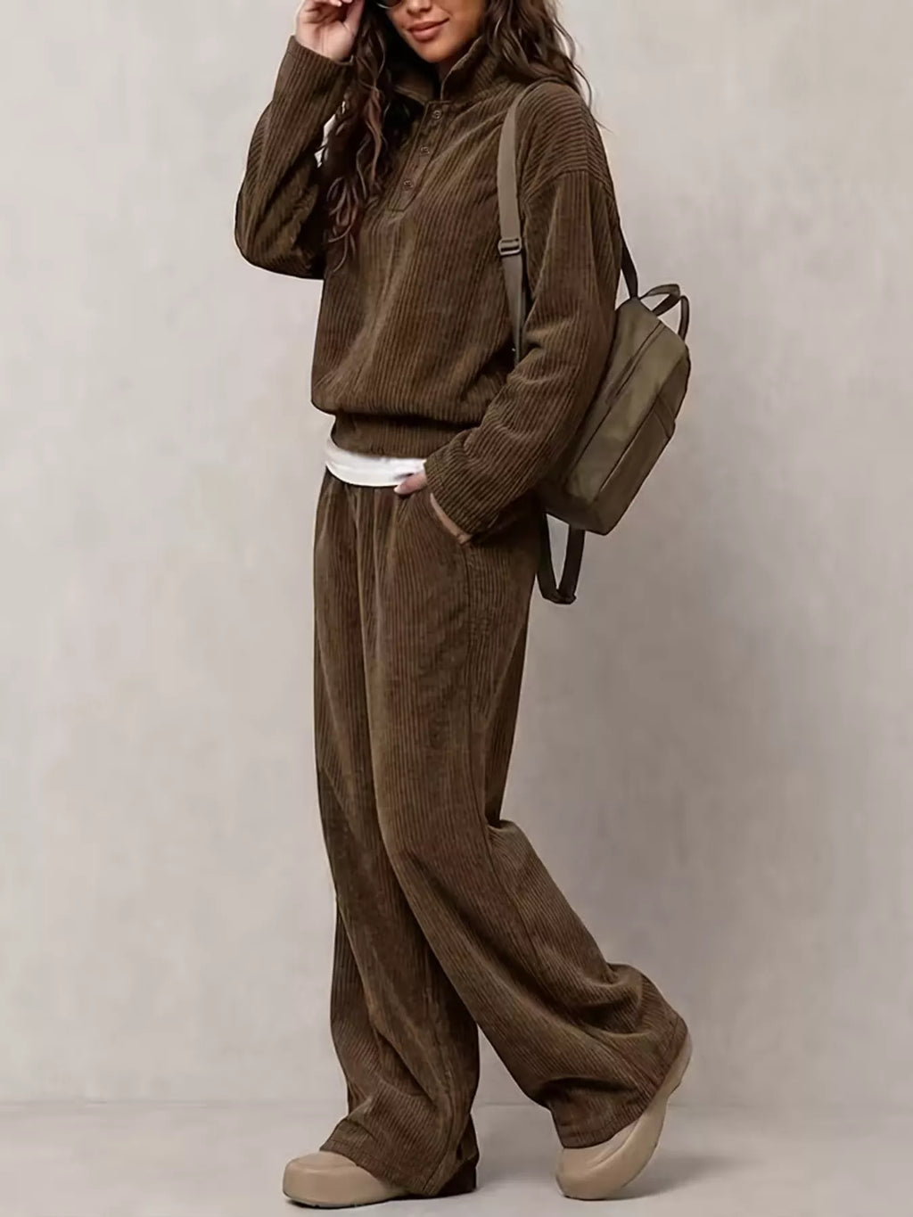 Corduroy Button Detail Top and Wide-Leg Pants Set