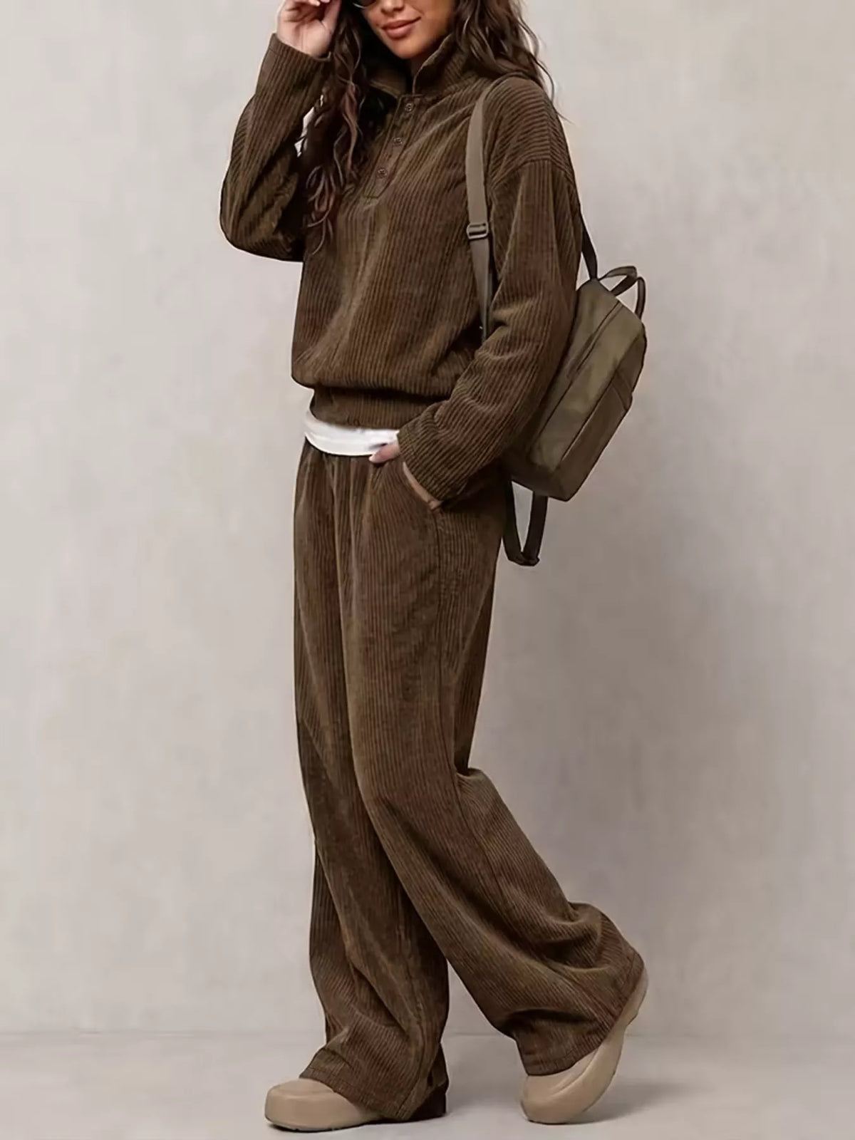 Corduroy Button Detail Top and Wide-Leg Pants Set