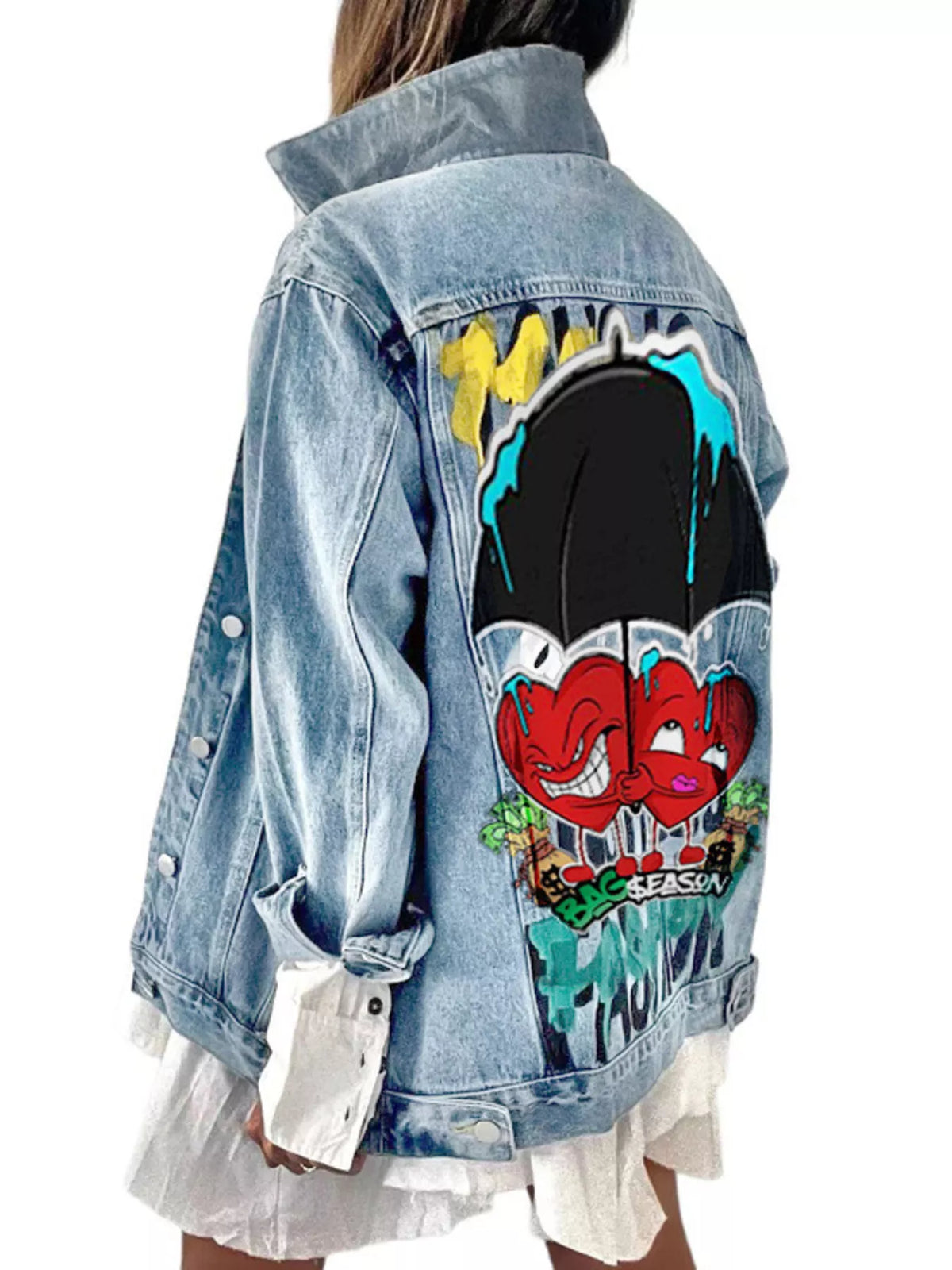 Full Size Heart and Umbrella Graphic Denim Jacket Plus Size