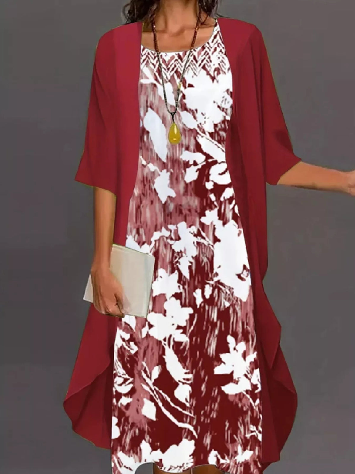 Full Size Floral Print Midi Dress and Chiffon Cardigan Set Plus Size