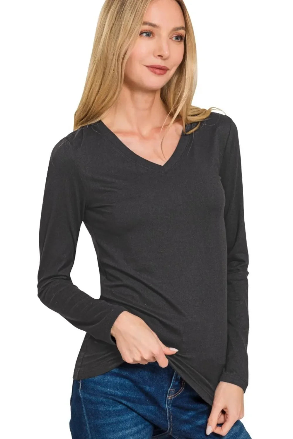 Zenana Brushed Microfiber Long Sleeve V-neck Tee