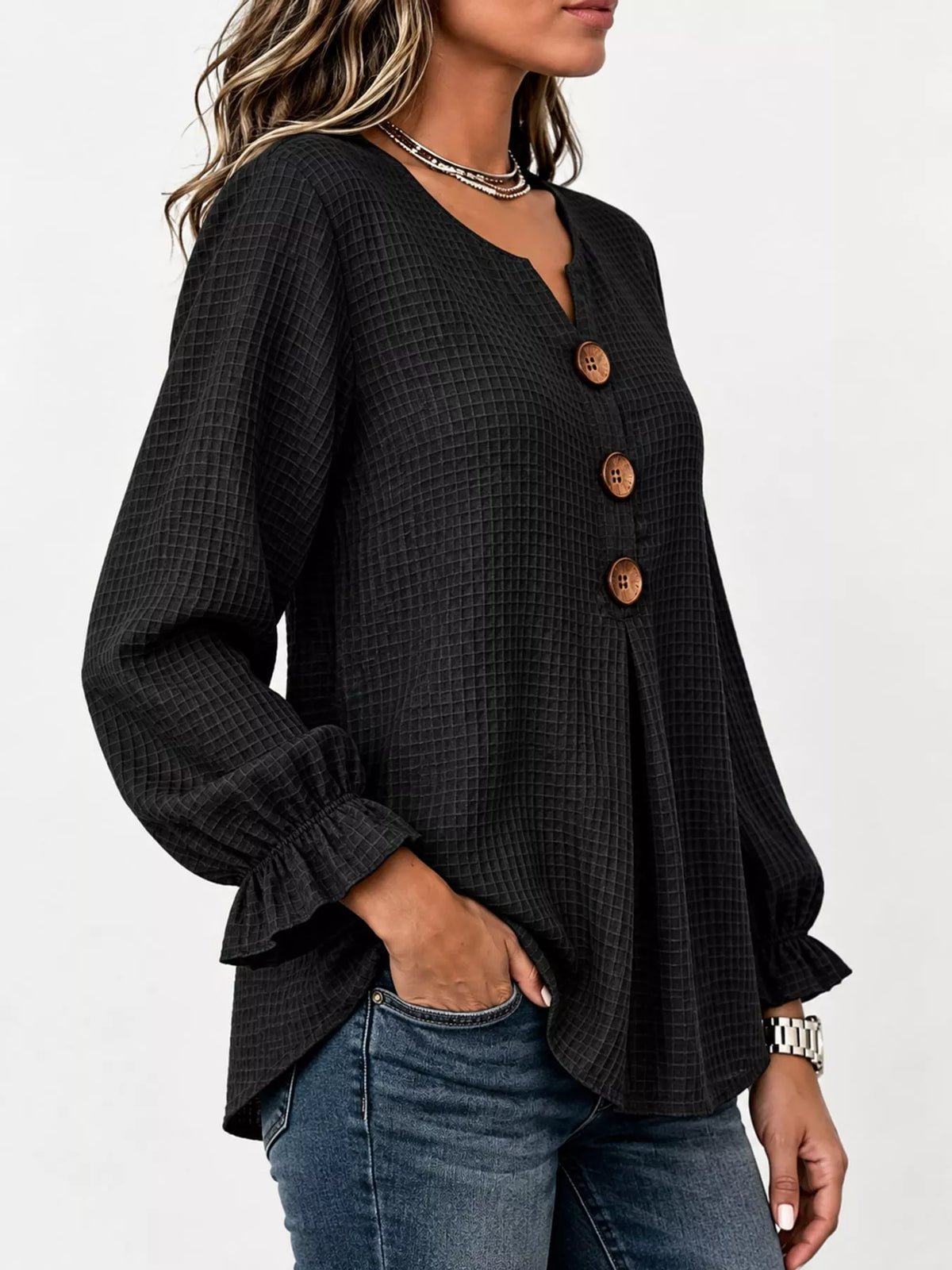 Full Size Waffle Knit Flounce Sleeve Blouse Plus Size