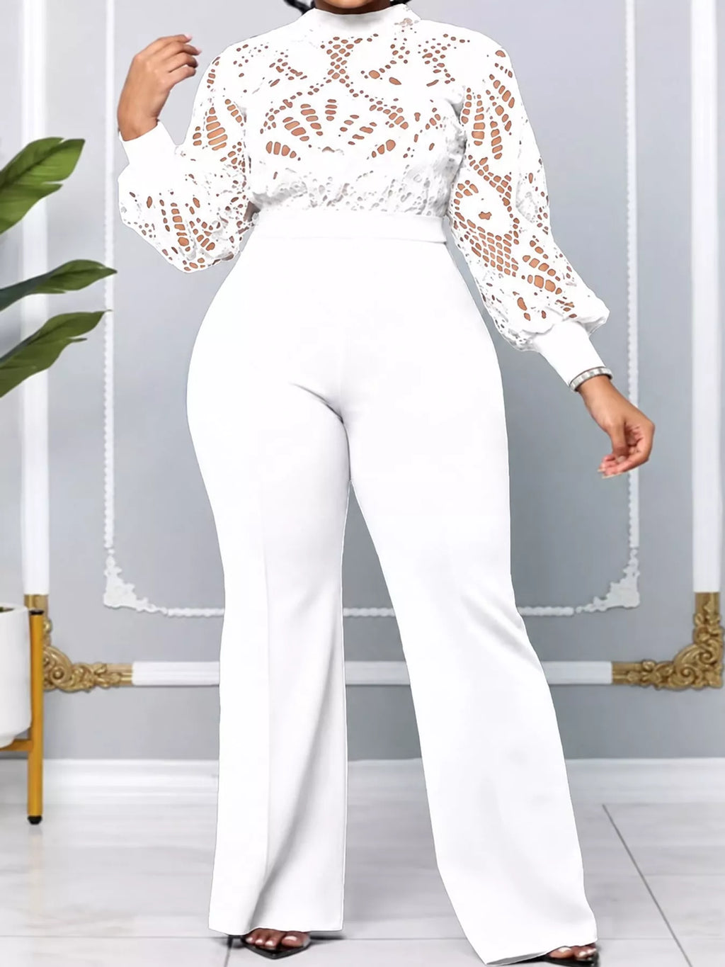 Full Size Lace Lantern Sleeve Flare Jumpsuit Plus Size