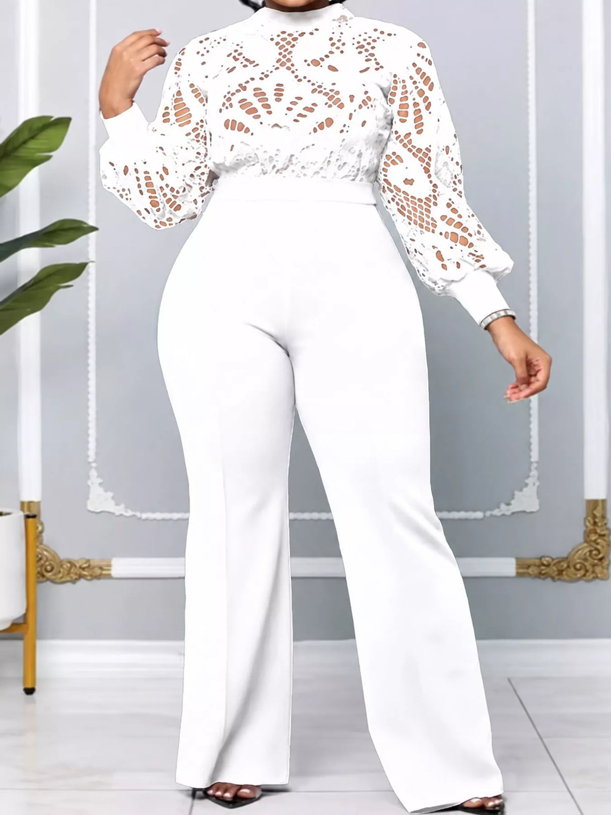Full Size Lace Lantern Sleeve Flare Jumpsuit Plus Size