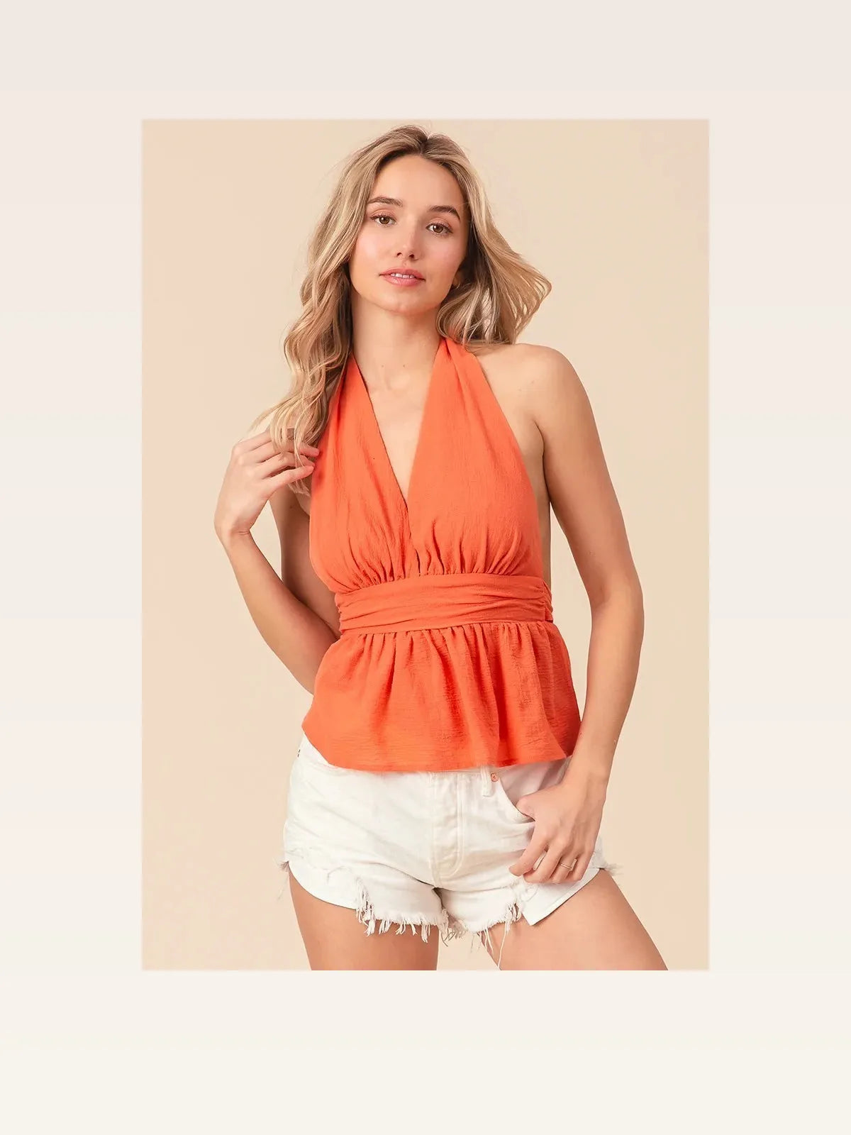 Halter Neck Open-Back Wrinkled Peplum Tank Top