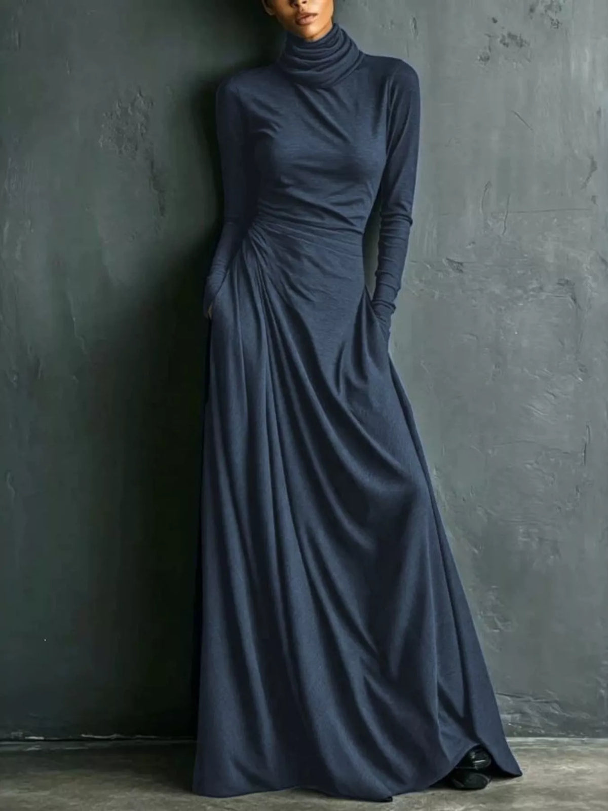 Turtleneck Long-Sleeve Draped Maxi Dress