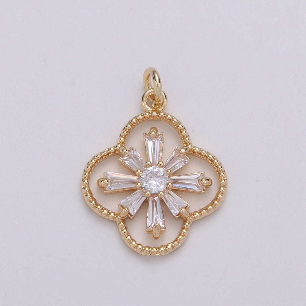 Baguette CZ Jasmine 24K Gold Filled, Daisy Cluster Cubic Charm, Dainty Flower Pendant Dainty Vane Charm Compass bracelet earring necklace C-830