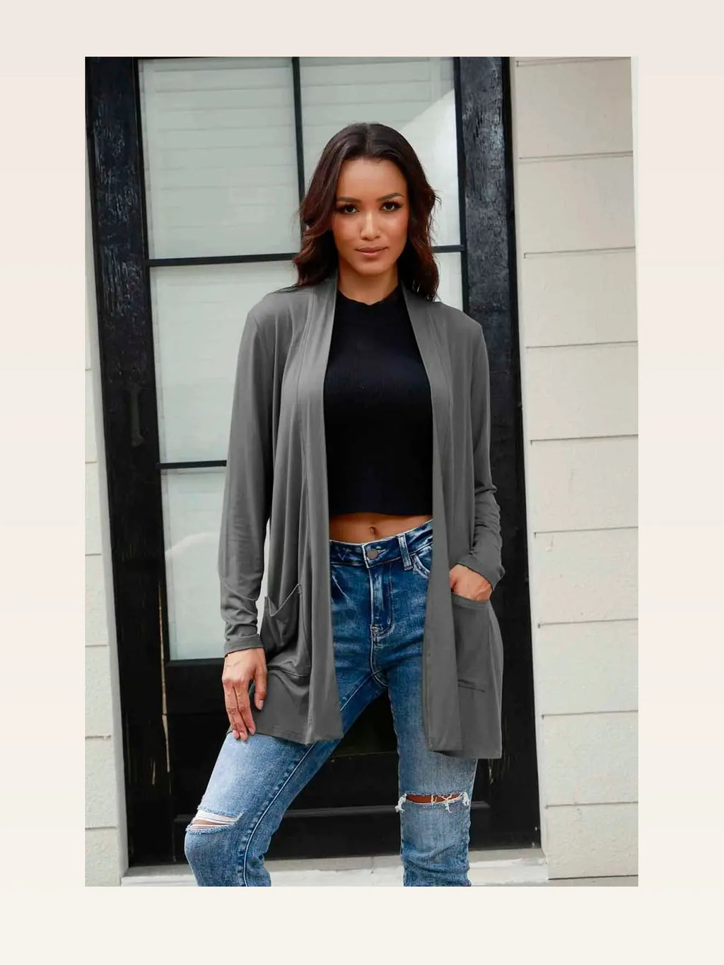 Open Front Long Sleeve Cardigan with Pockets