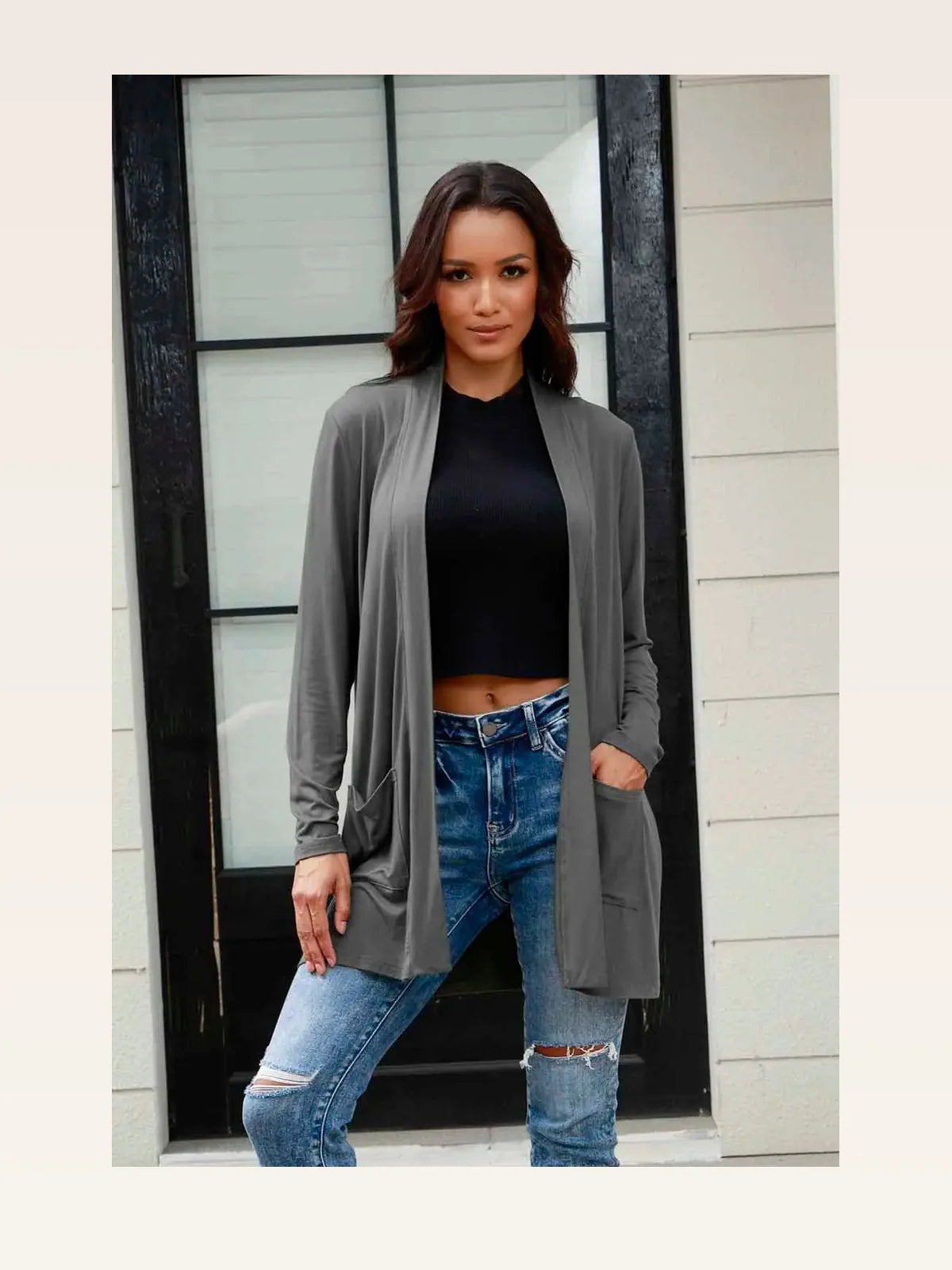 Open Front Long Sleeve Cardigan with Pockets