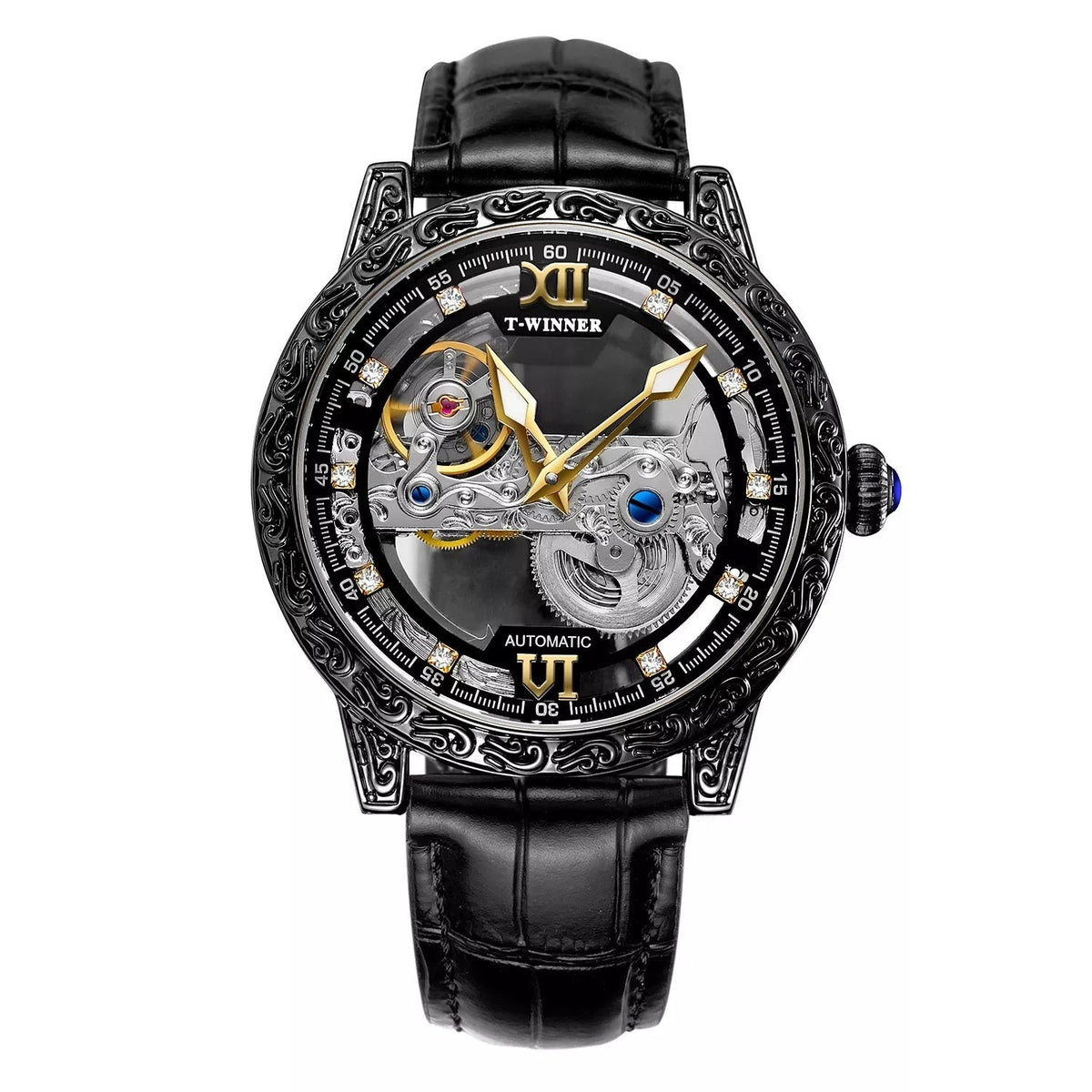 Mens Fashionable Vintage Carved Semi-Automatic Mechanical Watch