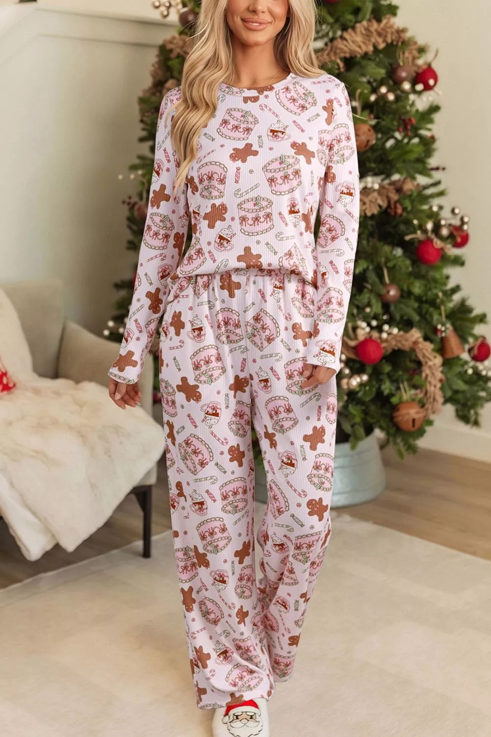 Abstract Christmas Print Long Sleeve Two Piece Lounge Set