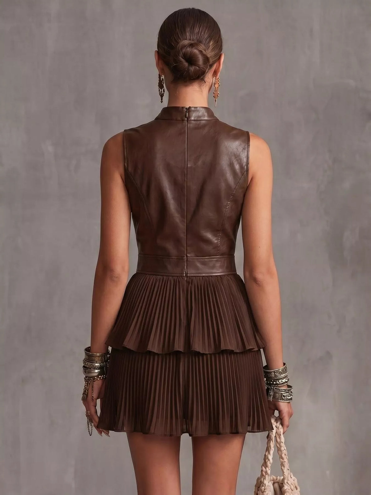 Sleeveless Faux Leather Layered Pleated Mini Dress