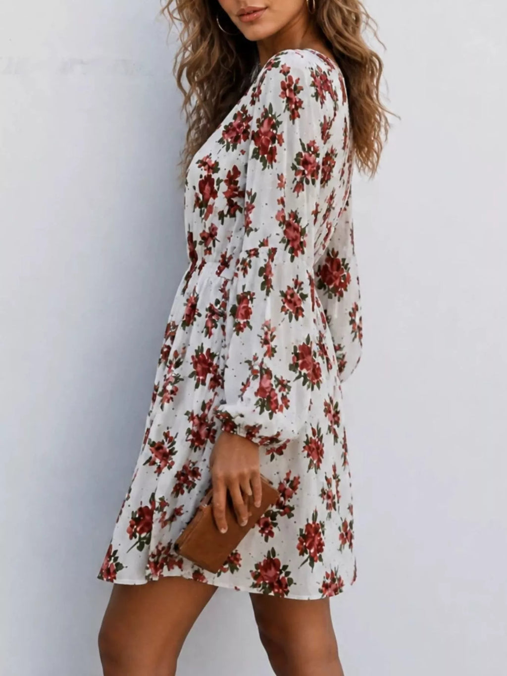 Floral Print V-Neck Long Sleeve Mini Dress