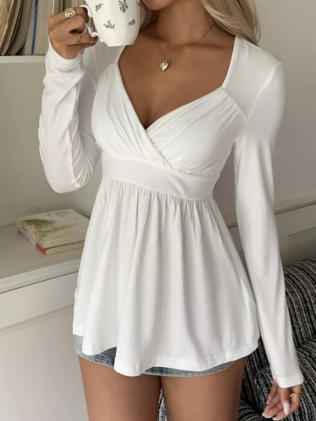 Surplice Peplum Long Sleeve Top