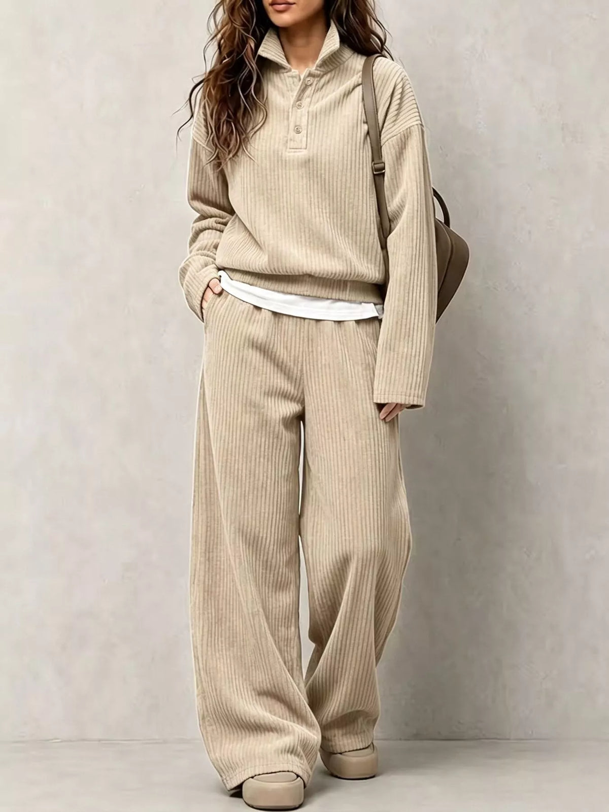 Corduroy Button Detail Top and Wide-Leg Pants Set