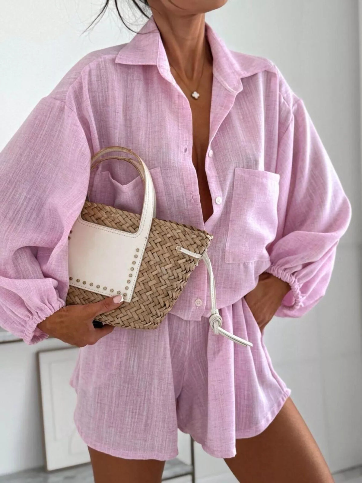 Long Sleeve Shirt and High-Waisted Shorts Set