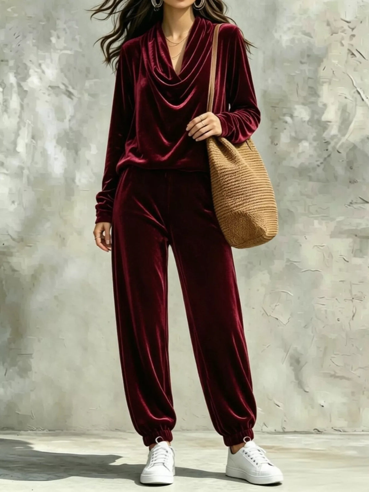 Full Size Velvet Cowl Neck Top and Pants Set Plus Size