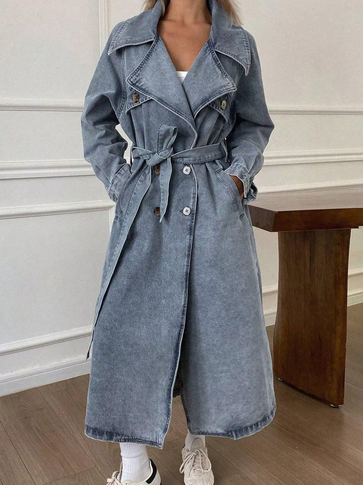 Vintage Washed Longline Denim Trench Jacket