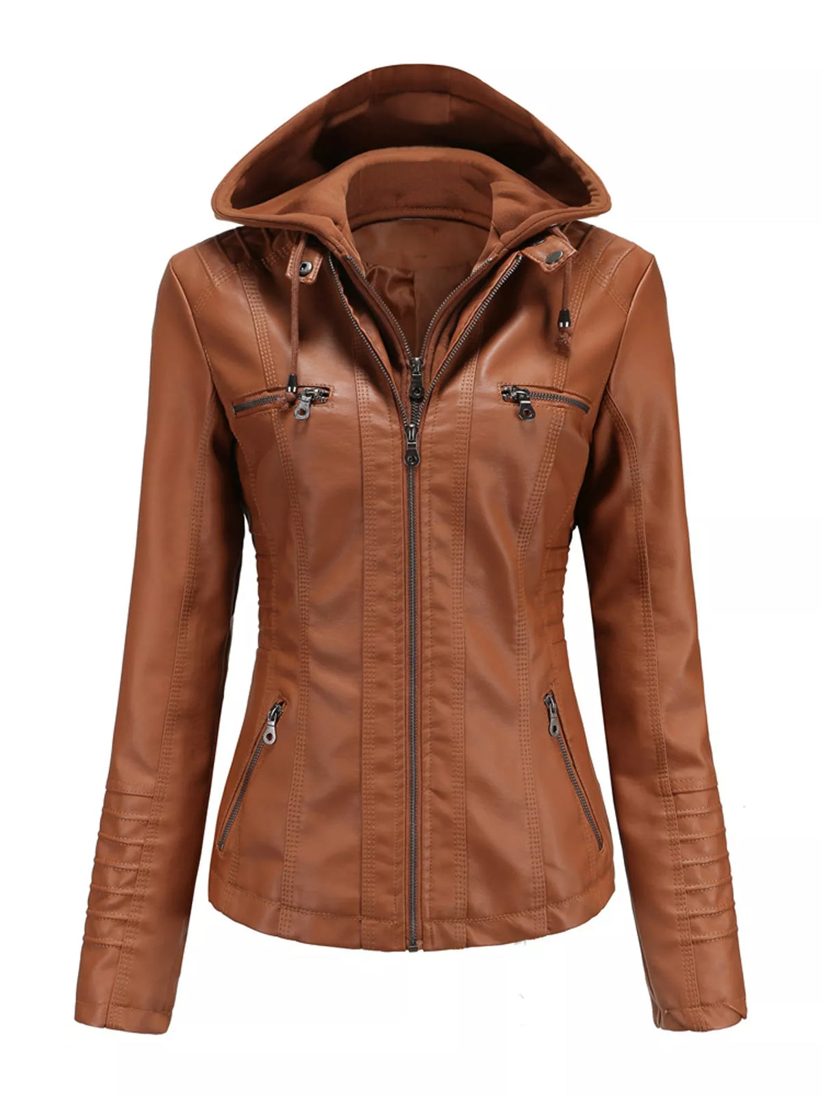 Full Size Detachable Hooded Faux Leather Moto Jacket Plus Size