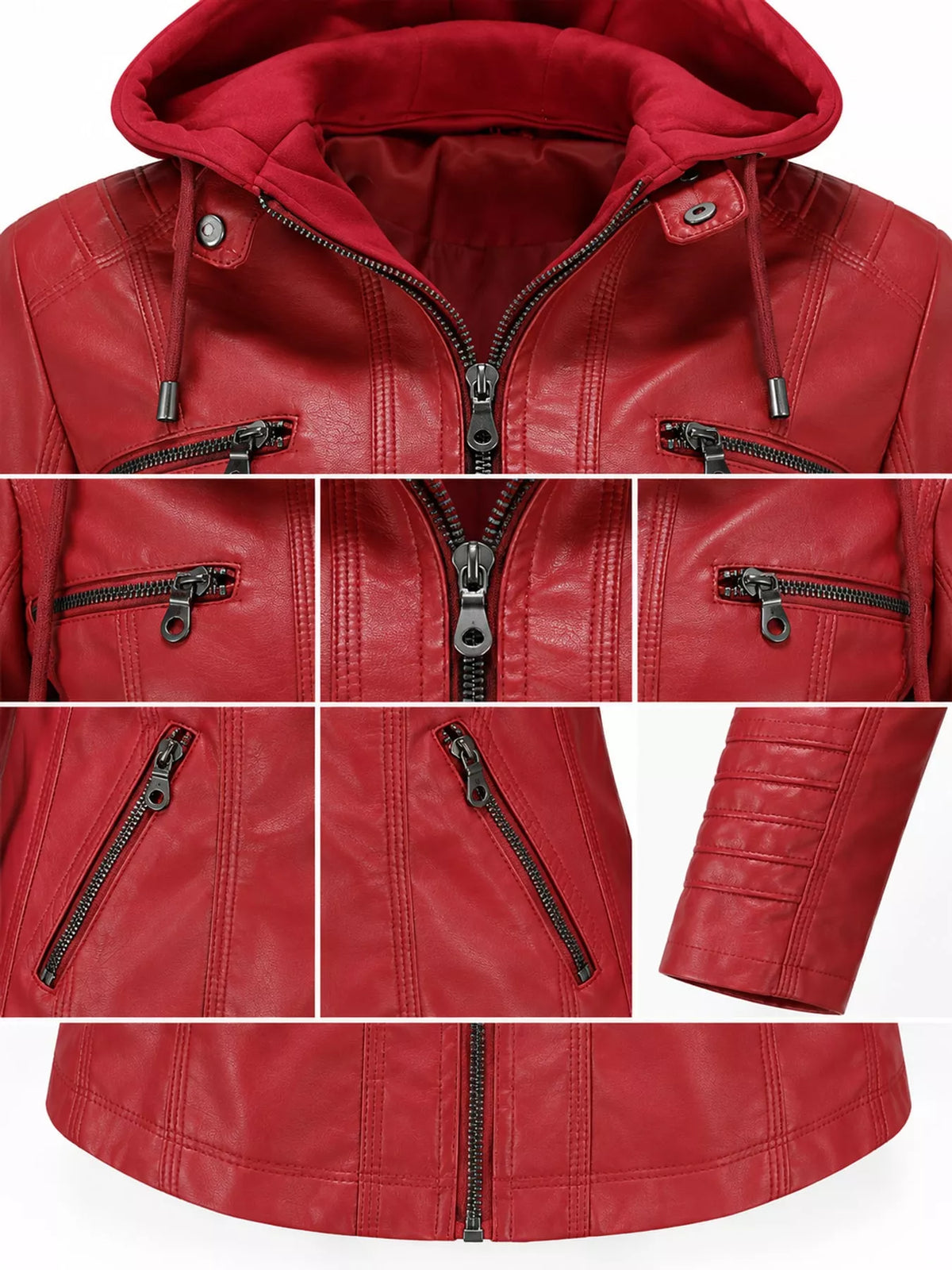 Full Size Detachable Hooded Faux Leather Moto Jacket Plus Size