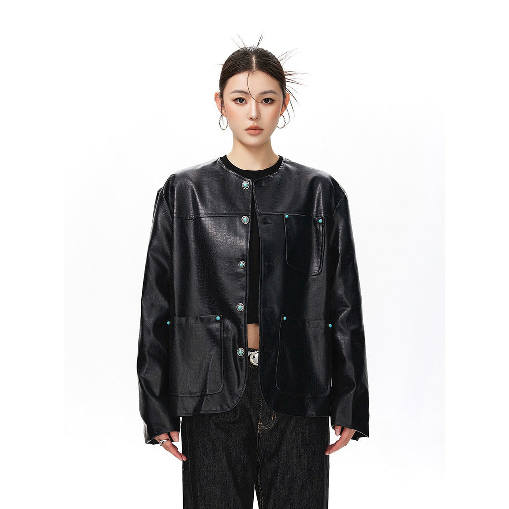 Womens Black Alligator-Print Collarless Leather Jacket