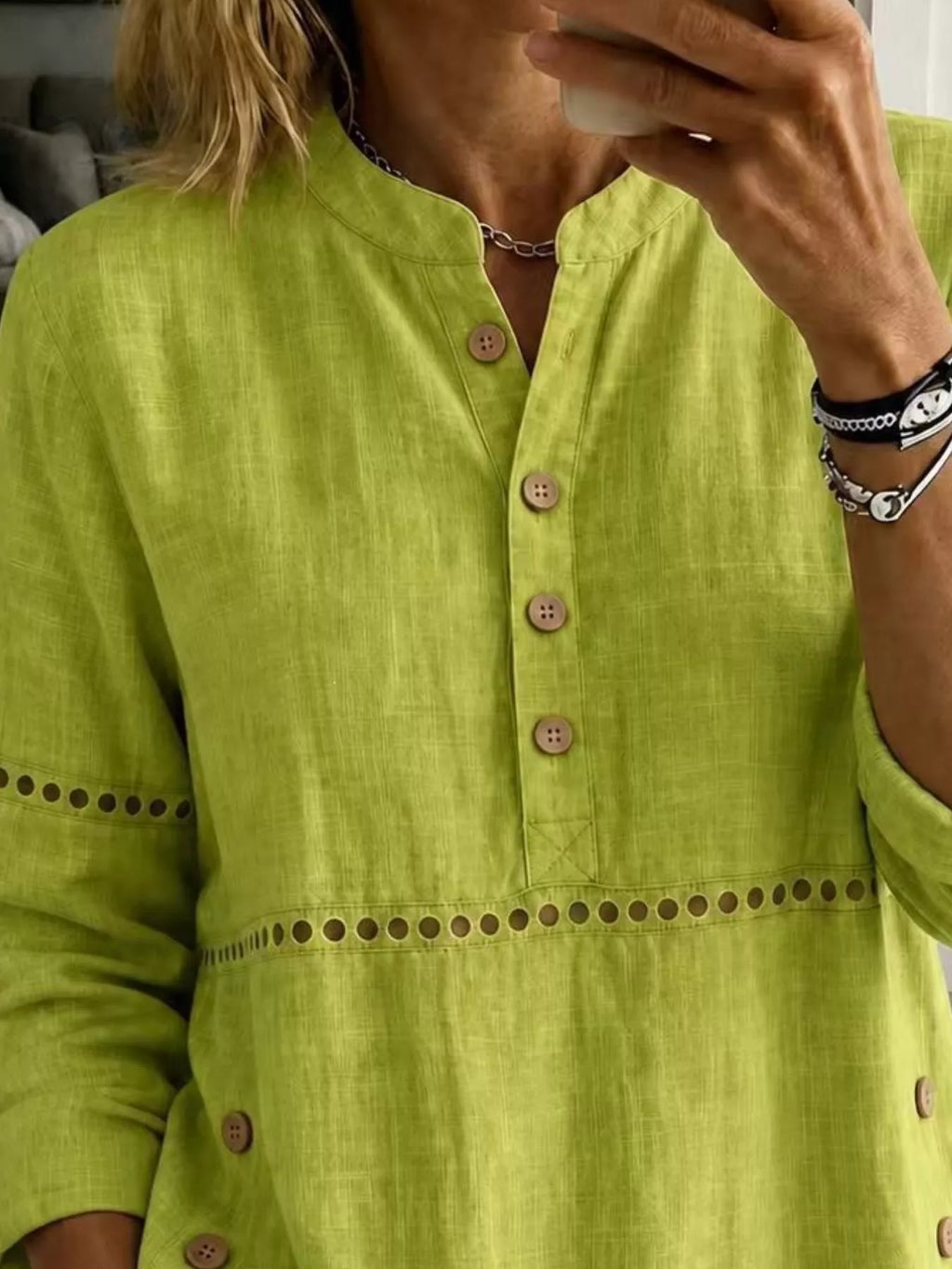 Full Size Button Detail Eyelet Long Sleeve Blouse Plus Size