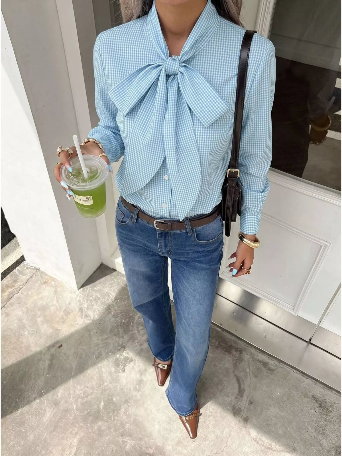Gingham Bow-Tie Neck Long Sleeve Shirt