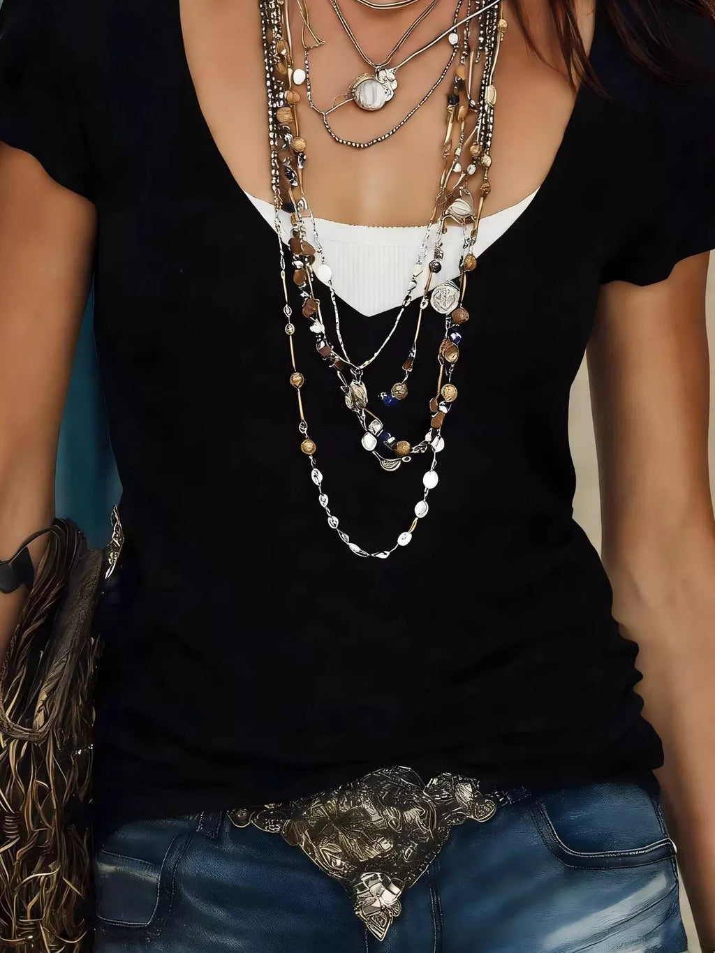 Faux Layered Scoop Neck Short Sleeve T-Shirt