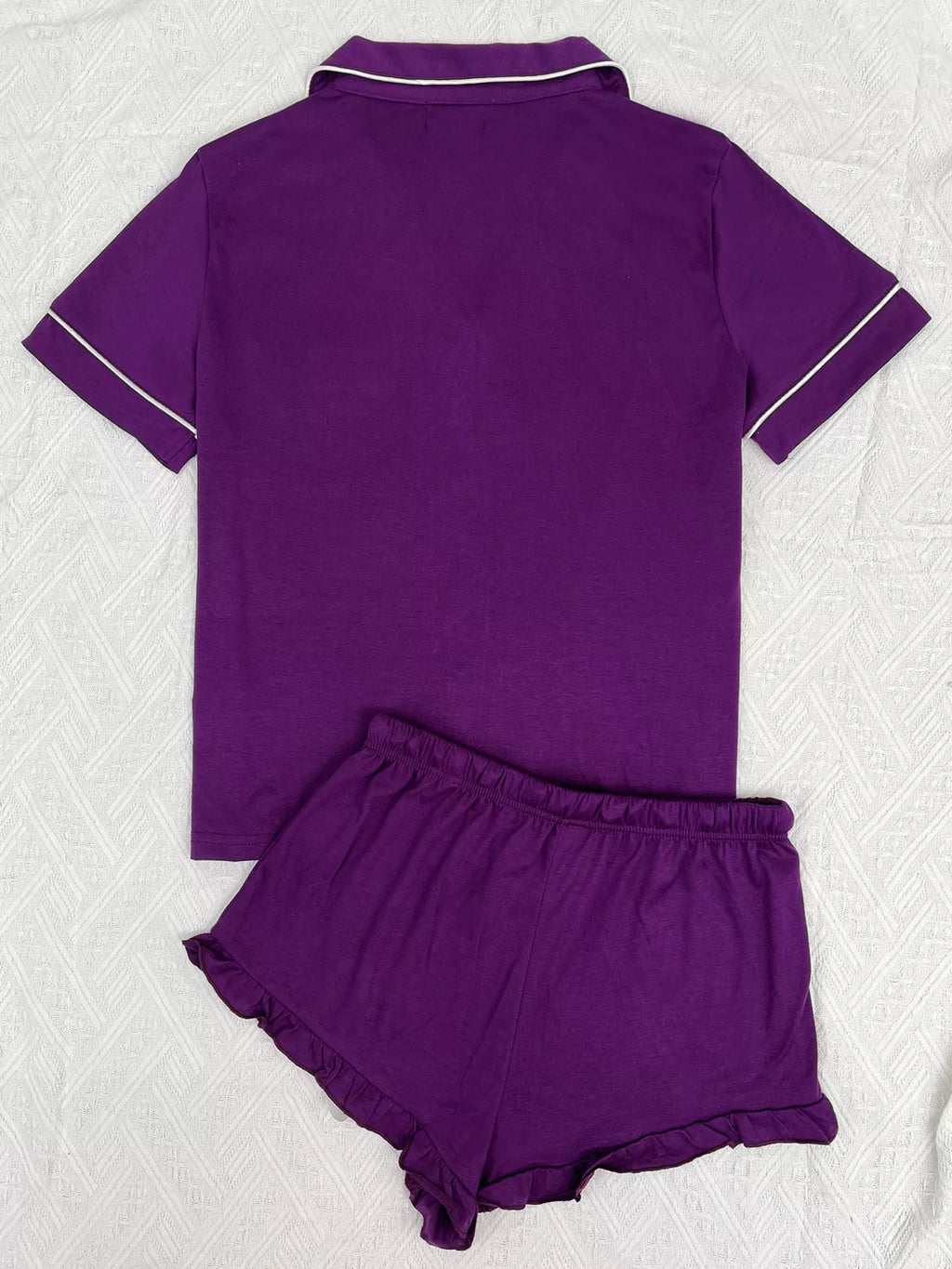 Contrast Piping Button-Down Shirt and Ruffle Shorts Lounge Set