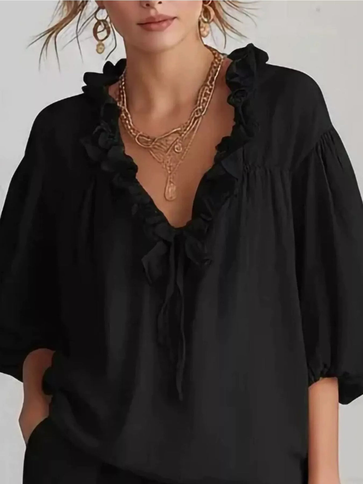 Ruffled V-Neck Blouse and Shorts Set