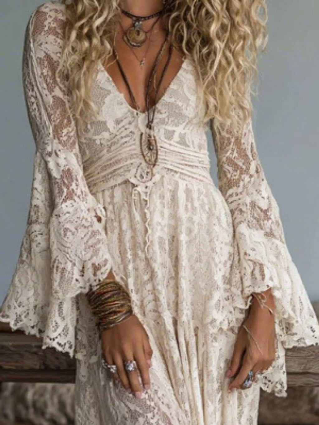 V-Neck Lace Flare Sleeve Maxi Dress
