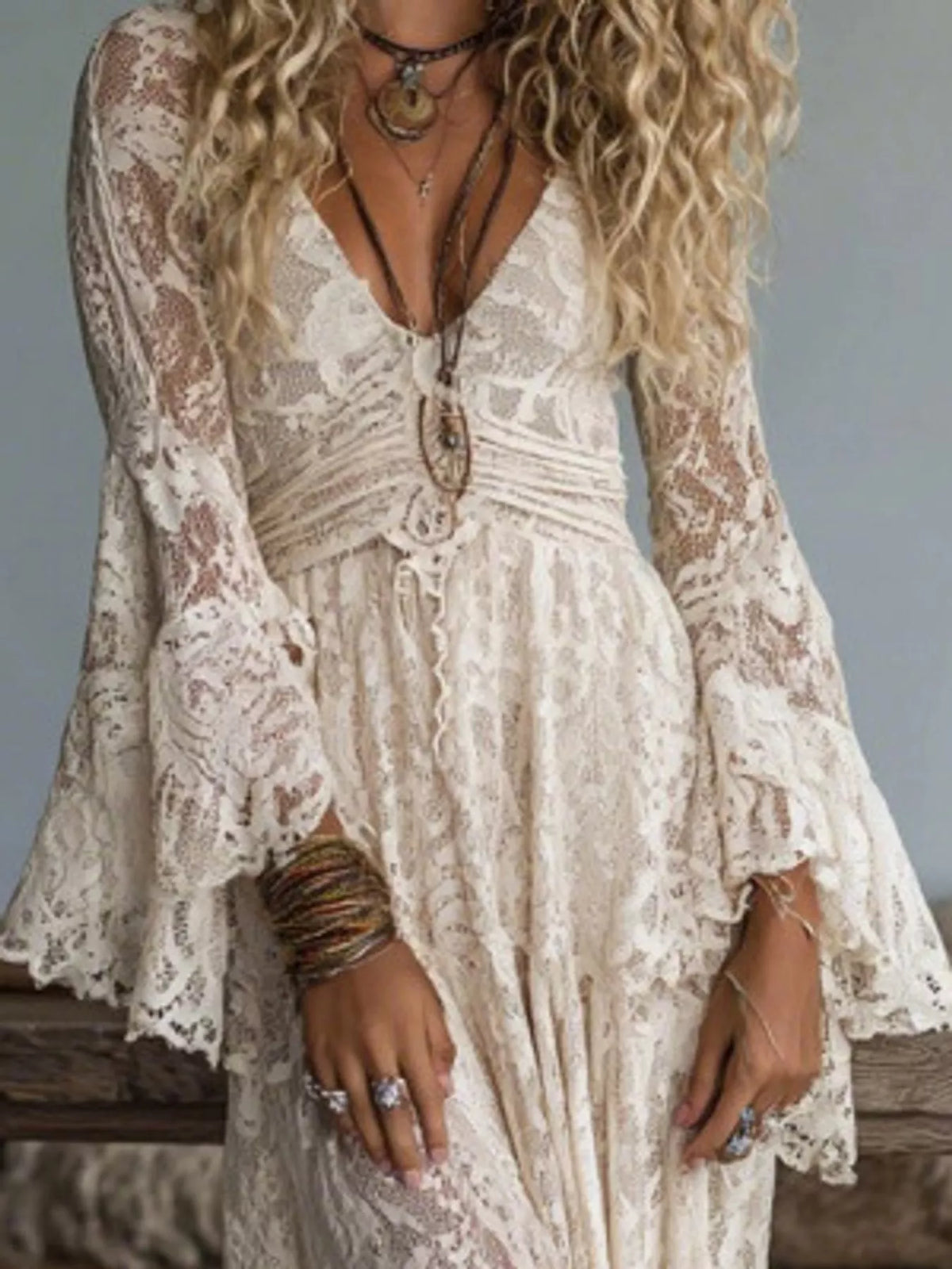 V-Neck Lace Flare Sleeve Maxi Dress
