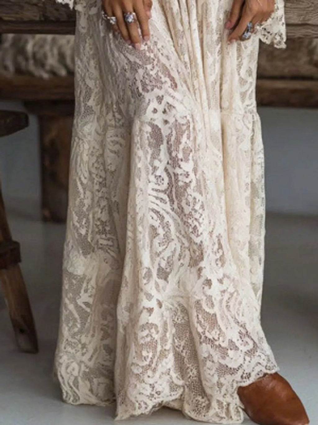 V-Neck Lace Flare Sleeve Maxi Dress