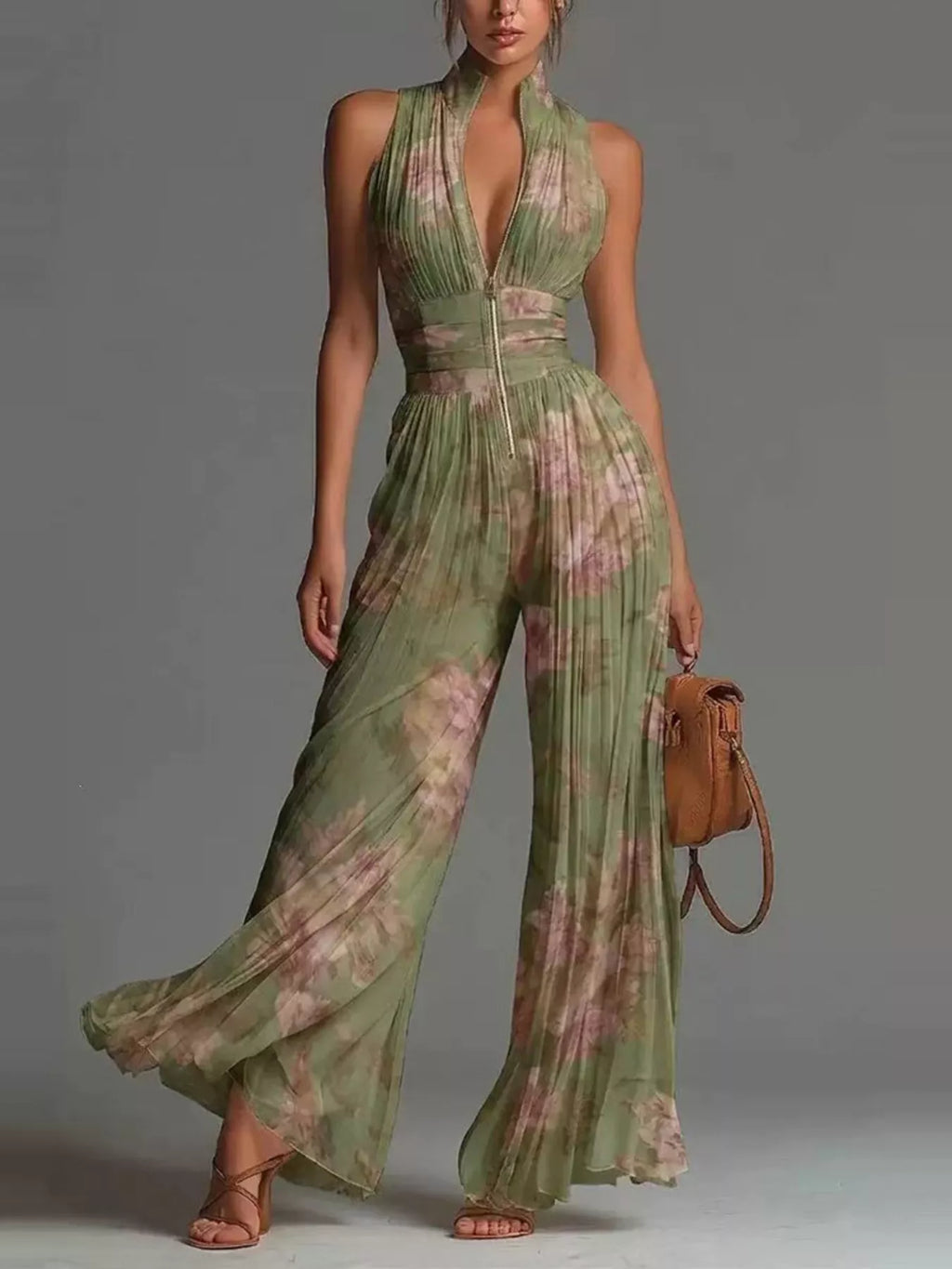 Sleeveless Pleated Wide-Leg Jumpsuit with Front Zipper