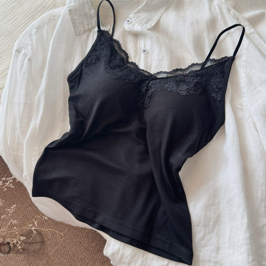 Modal Ribbed Lace Sexy Spaghetti-strapped Camisole Bra With Built-in Padding