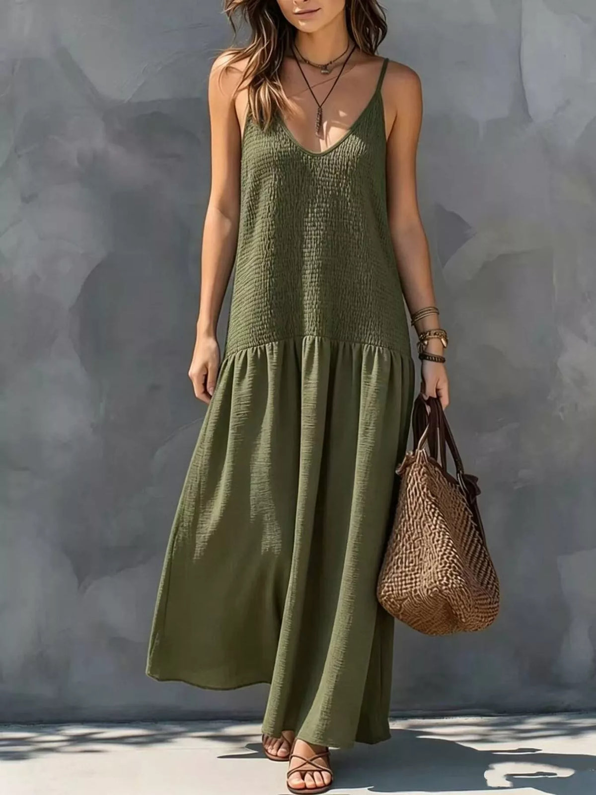 Sleeveless Smocked V-Neck Casual Maxi Dress