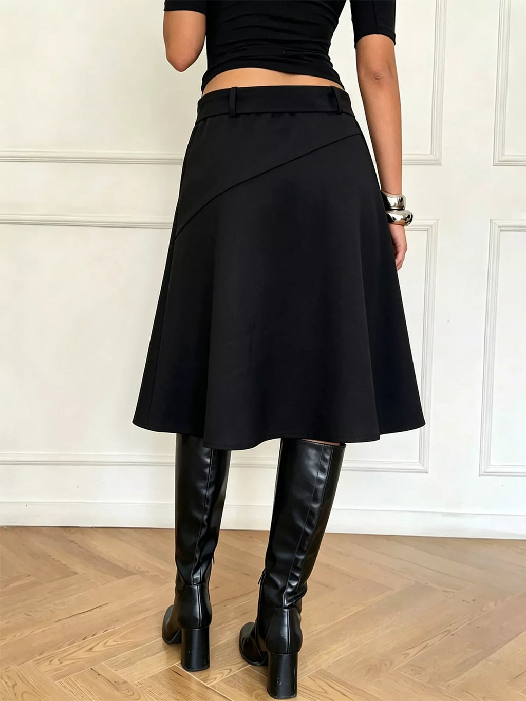 High-Waisted A-Line Midi Skirt with Belted Detail